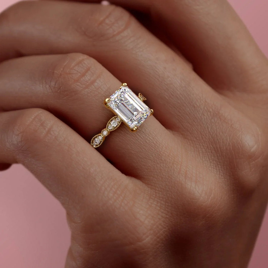 1 CT Emerald Cut Milgrain Engagement Ring - Moissanite Diamond