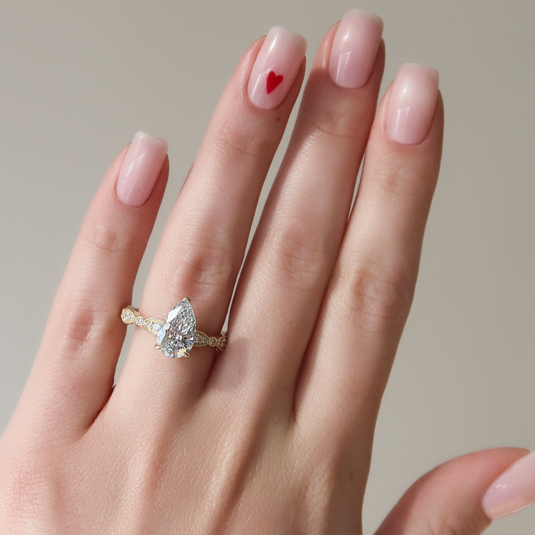 2 CT Pear Cut Milgrain Engagement Ring - Moissanite Diamond