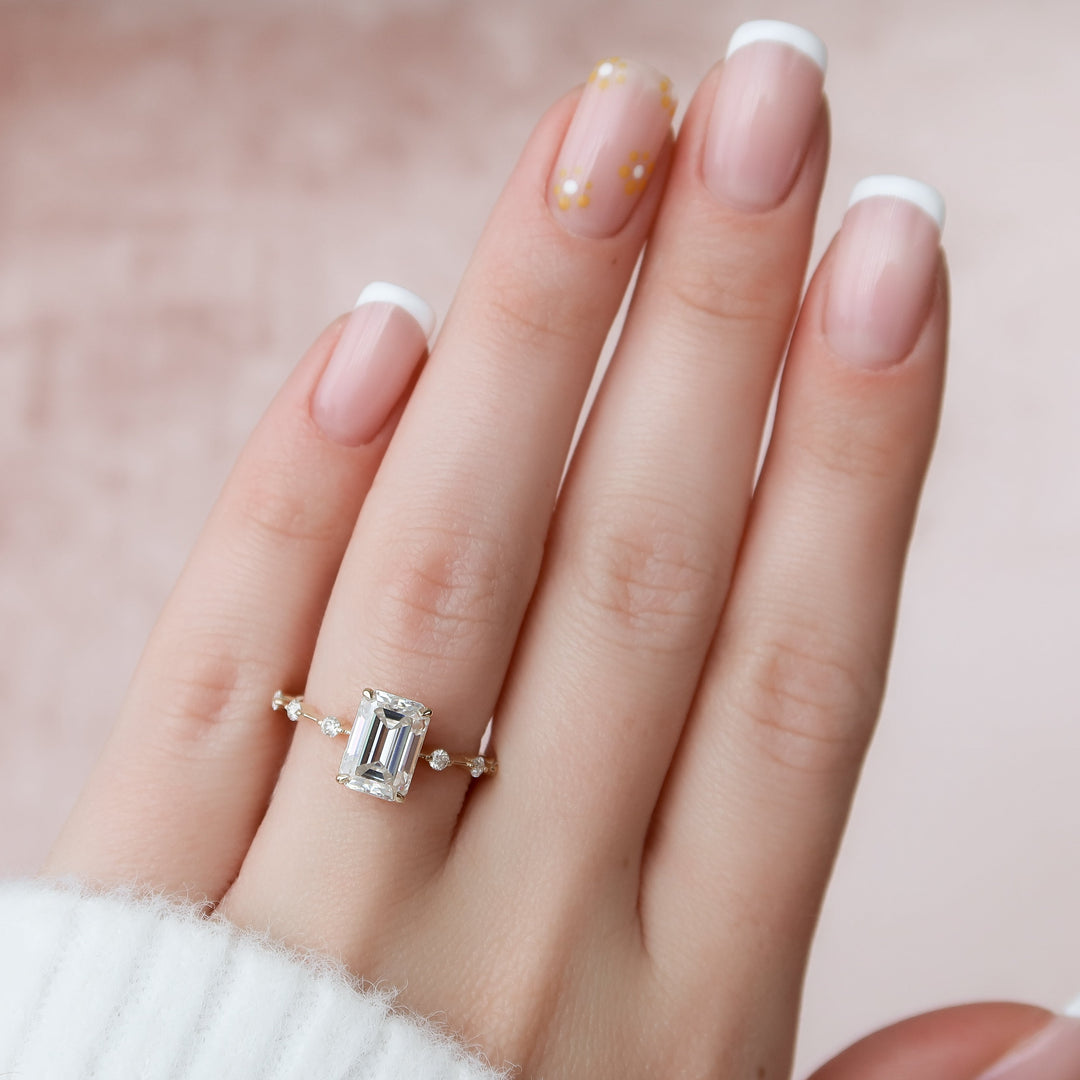 1 CT Emerald Cut Petite Pave Engagement Ring - Moissanite Diamond
