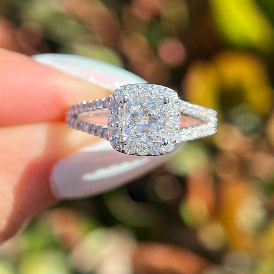 1 CT Cushion Cut Halo Split Shank Engagement Ring - Lab Grown Diamond