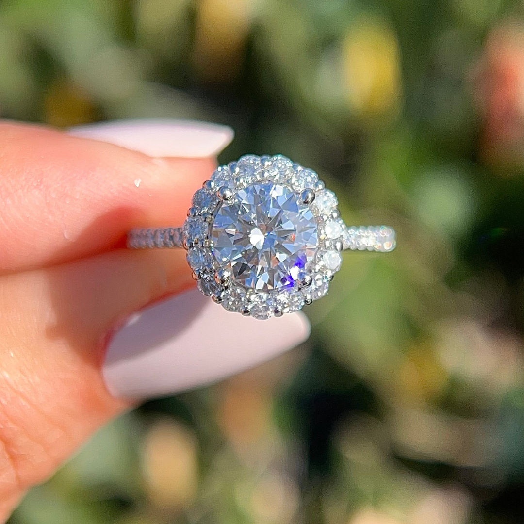 2 CT Round Cut Halo Pave Engagement Ring - Lab Grown Diamond