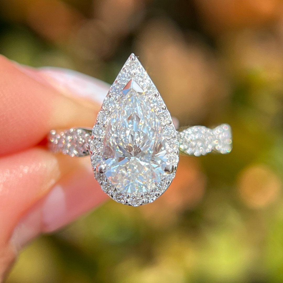 3 CT Pear Cut Pave Halo Engagement Ring - Moissanite Diamond