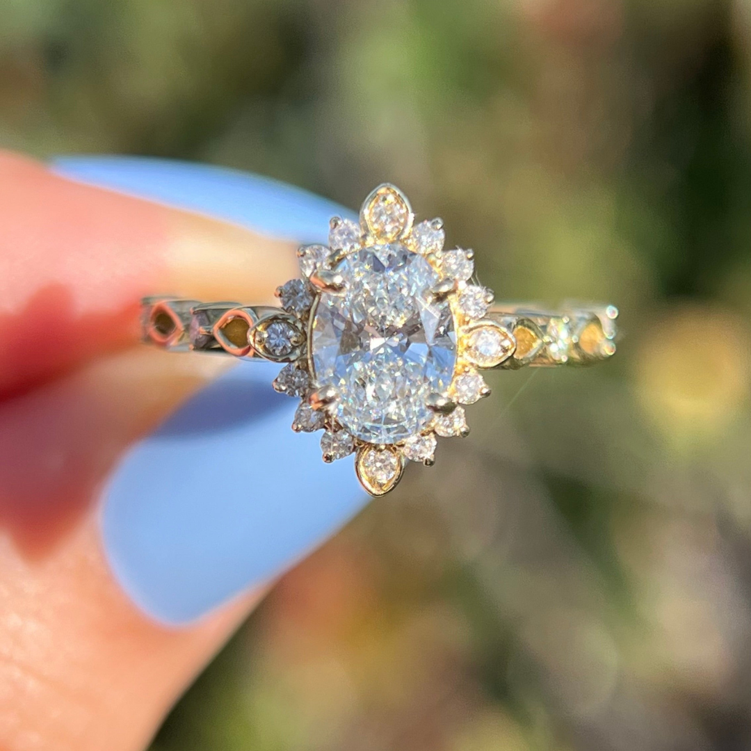 3 CT Oval Floral Halo Vintage Engagement Ring  - Lab Grown Diamond