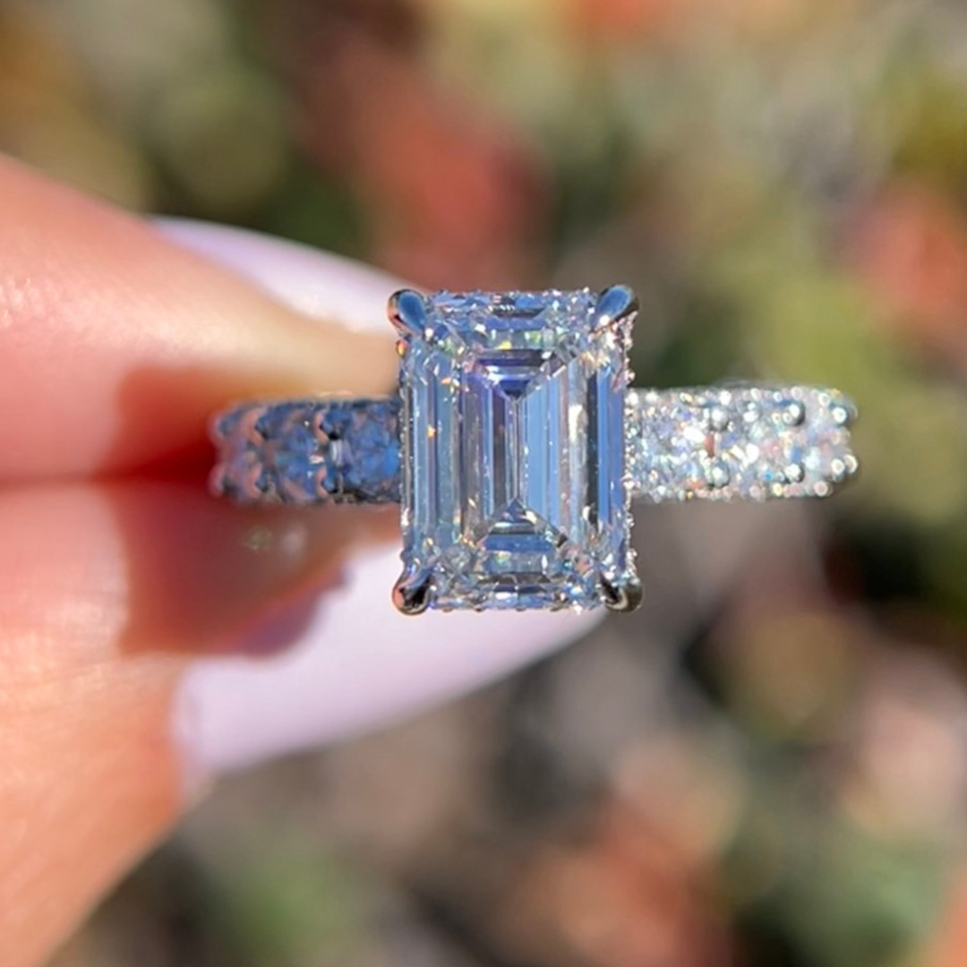 2 CT Emerald Pave Engagement Ring - Moissanite Diamond