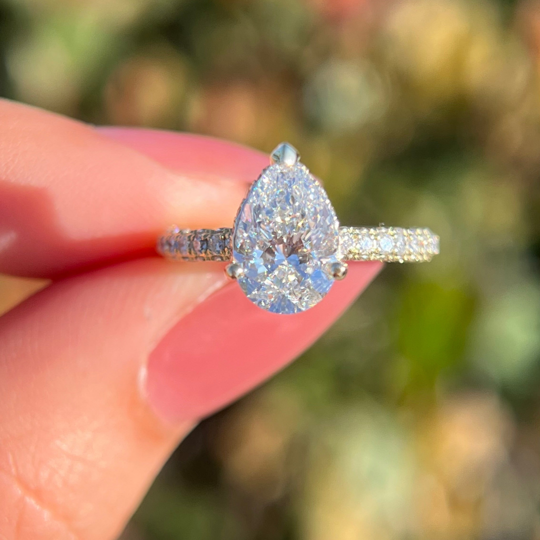 1 CT Pear Cut Pave Engagement Ring - Lab Grown Diamond