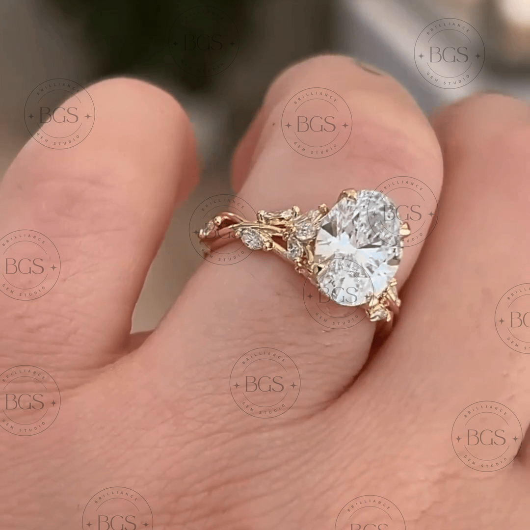 Woman wearing a 3 carat oval cut lab grown diamond flower engagement ring on hand