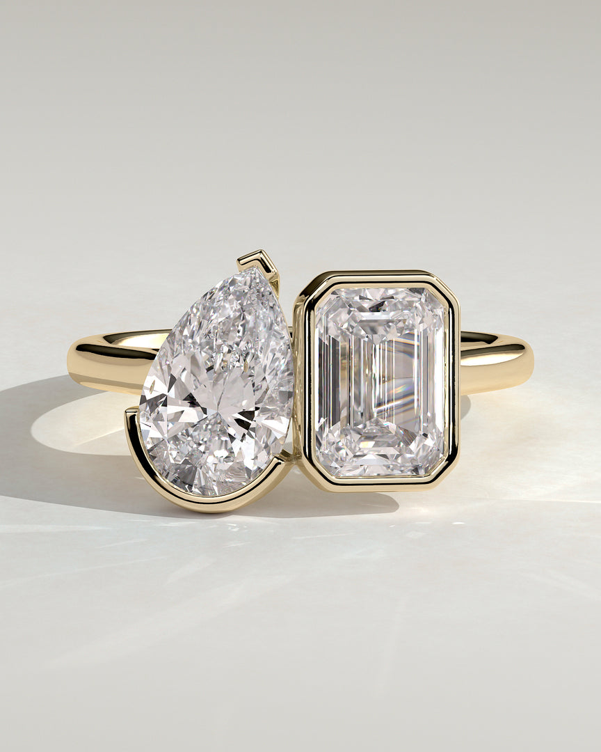 2 CT Emerald and Pear Cut Toi et Moi Bezel Engagement Ring - Moissanite Diamond