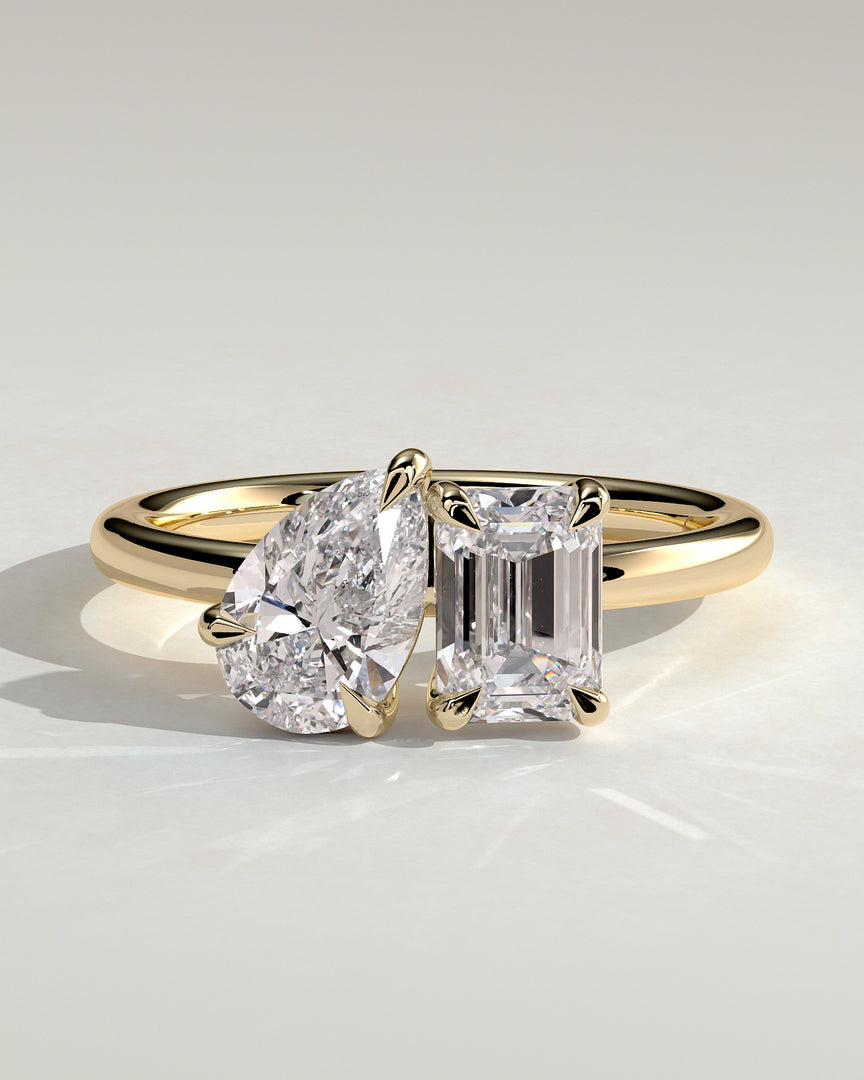 2 CT Emerald and Pear Cut Toi et Moi Engagement Ring - Moissanite Diamond