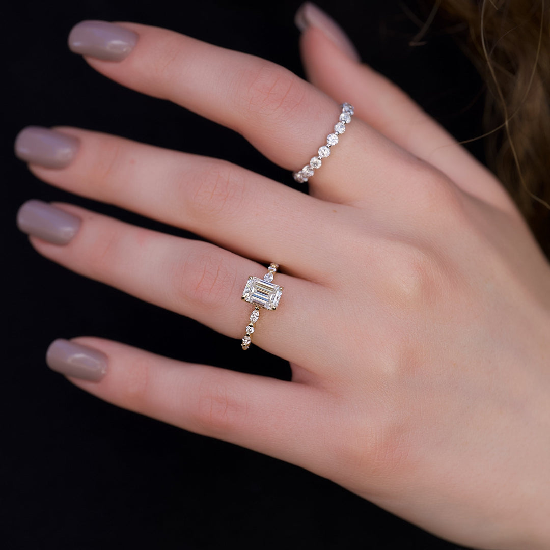 1 CT Emerald Cut Pave Engagement Ring - Moissanite Diamond