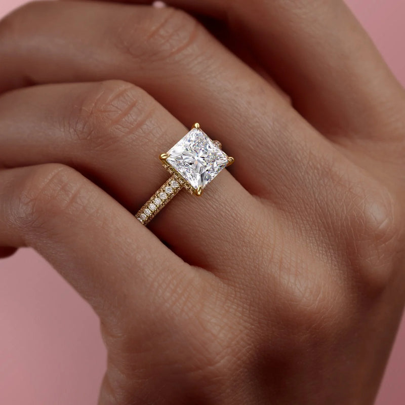 2 CT Princess Cut Three Side Pave Engagement Ring - Moissanite Diamond