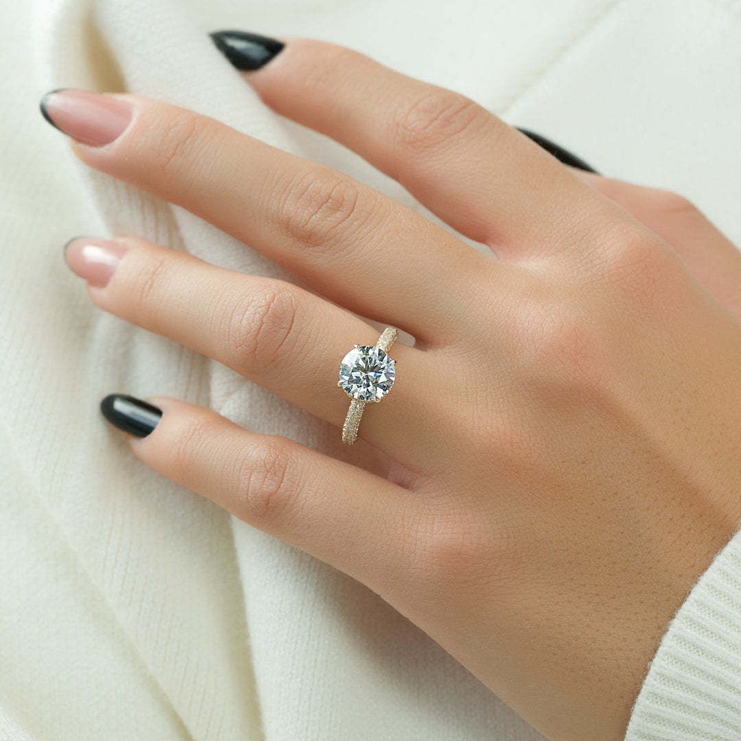 2 CT Round Cut Three Side Pave Engagement Ring - Moissanite Diamond