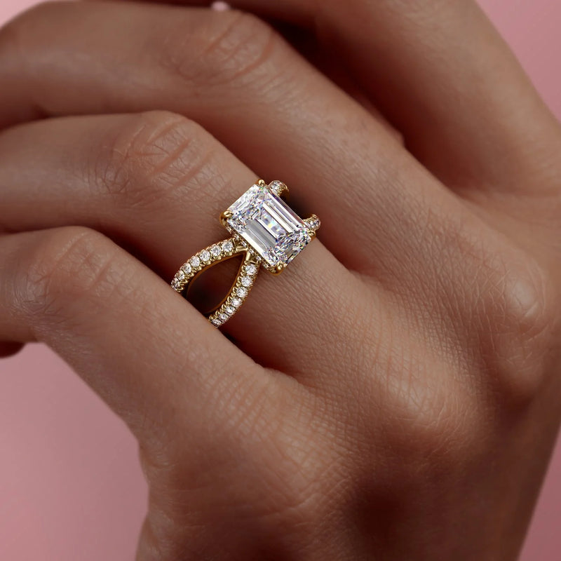 1 CT Emerald Cut Unique Split Shank Engagement Ring - Moissanite Diamond