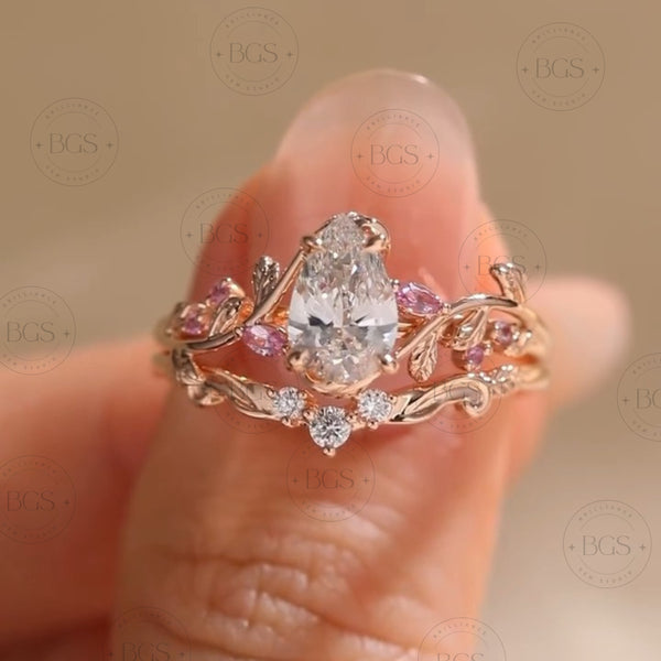 2 CT Pear Diamond,
Lab Grown Diamond,
IGI Certified Ring,
Pear Bridal Set,
Engagement Ring Set,
Nature Inspired Ring,