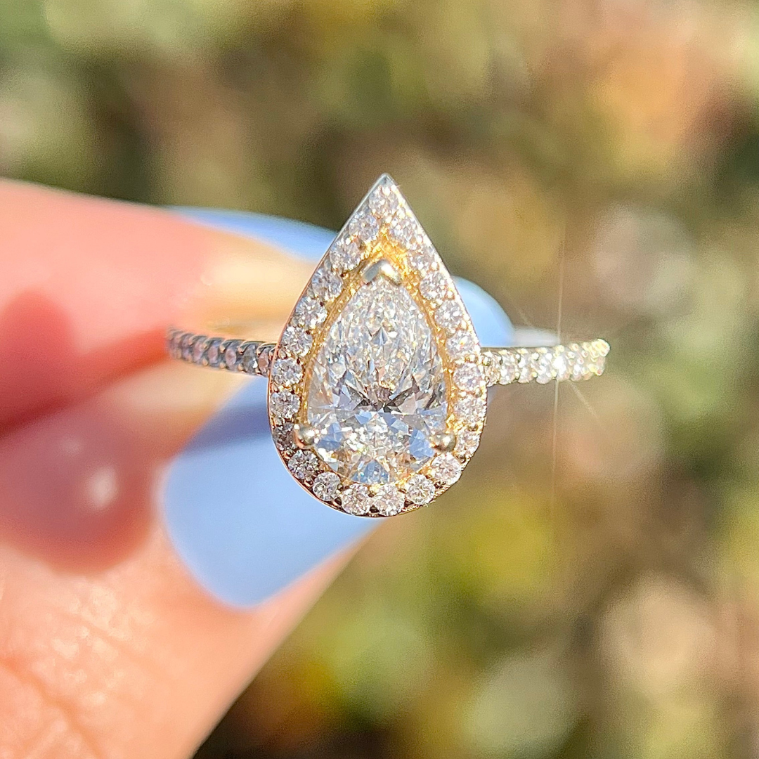 2 CT Pear Cut Halo Pave Engagement Ring - Lab Grown Diamond
