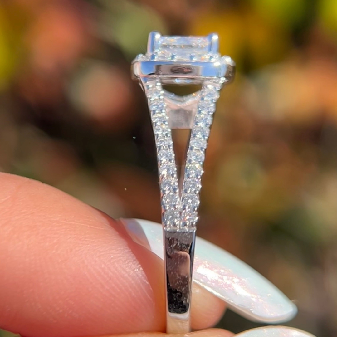 1 CT Cushion Cut Halo Split Shank Engagement Ring - Lab Grown Diamond