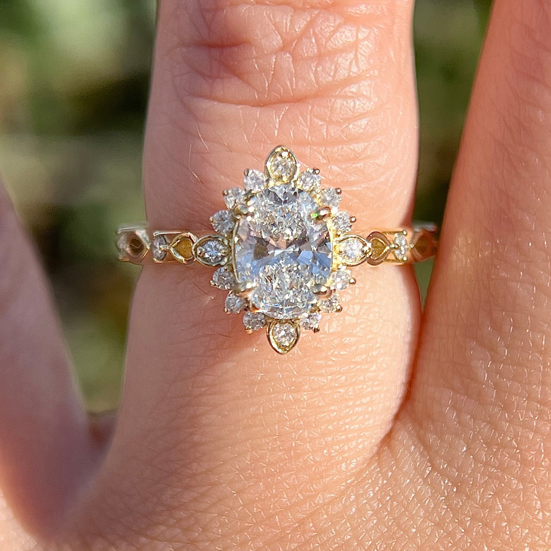 3 CT Oval Floral Halo Vintage Engagement Ring  - Lab Grown Diamond