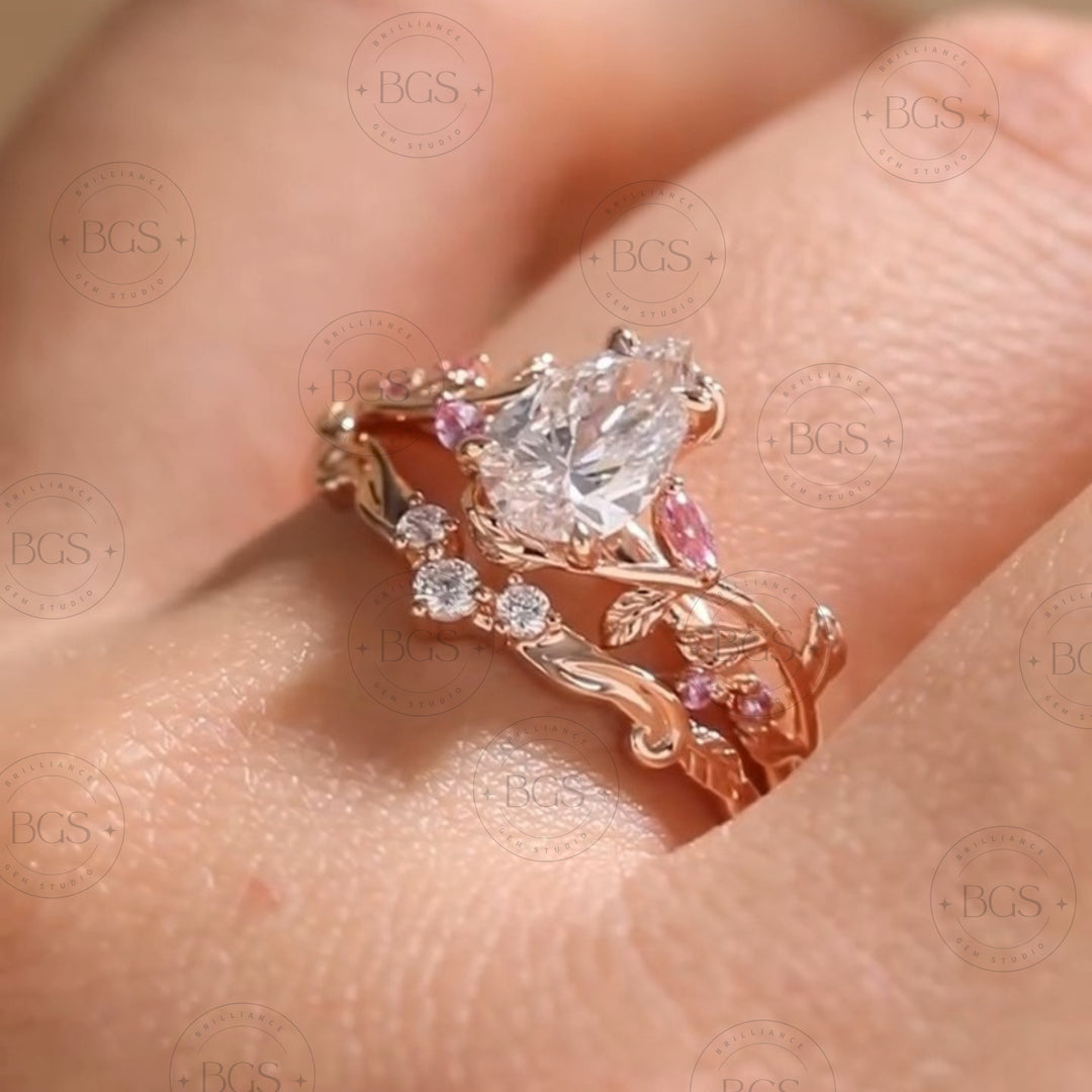 2 CT Pear Cut Lab Diamond,
Nature Inspired Engagement Ring,
IGI Certified Lab Grown Diamond,
D-E-F Color Lab Diamond Ring,
VVS VS Clarity Engagement Ring,
Sustainable Diamond Bridal Set,
Conflict Free Engagement Ring Set,