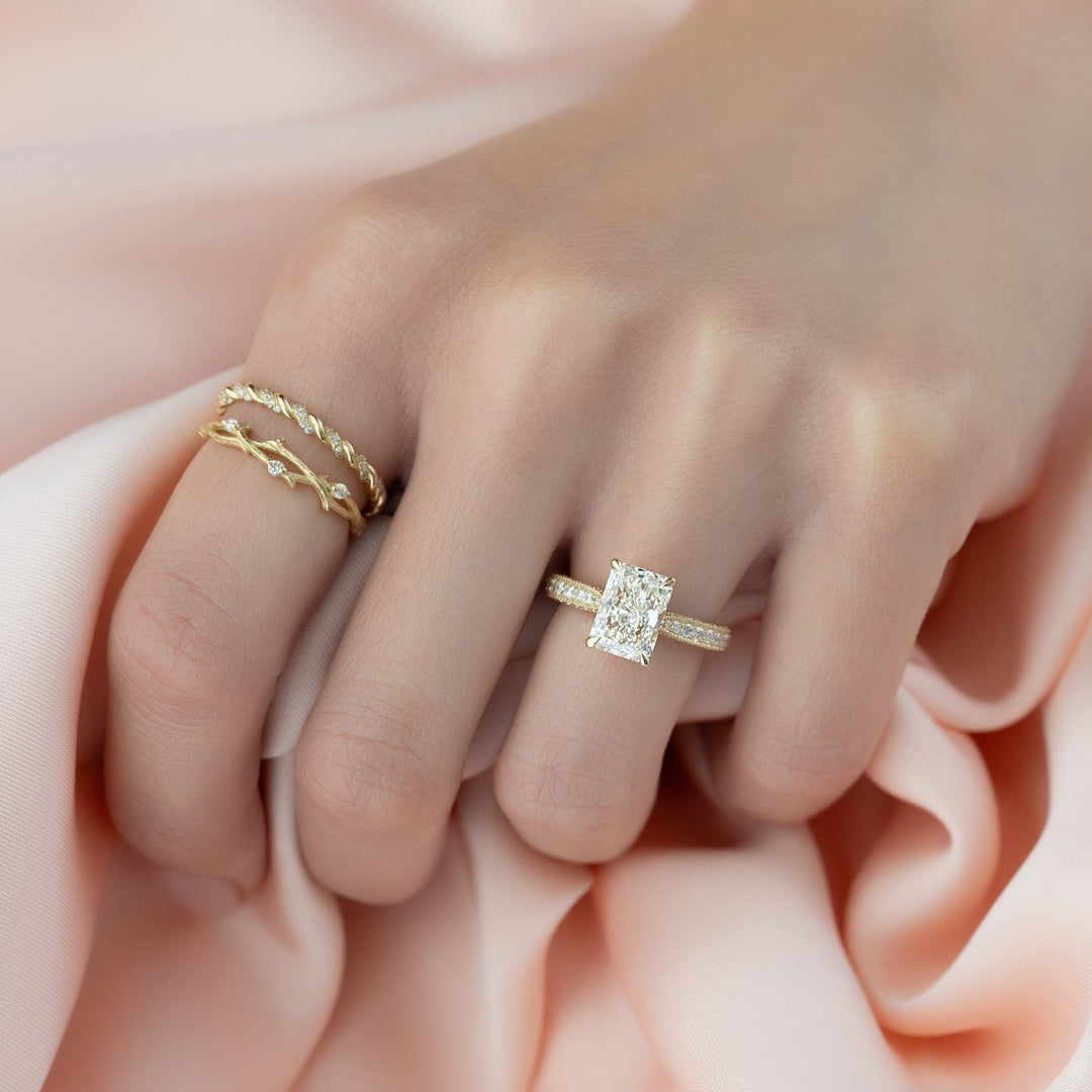 1 CT Radiant Cut Three Side Pave Engagement Ring - Moissanite Diamond
