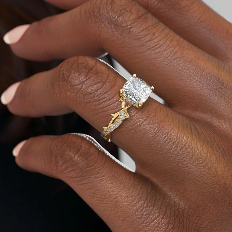 2 CT Cushion Cut Twig Hidden Halo Engagement Ring - Moissanite Diamond