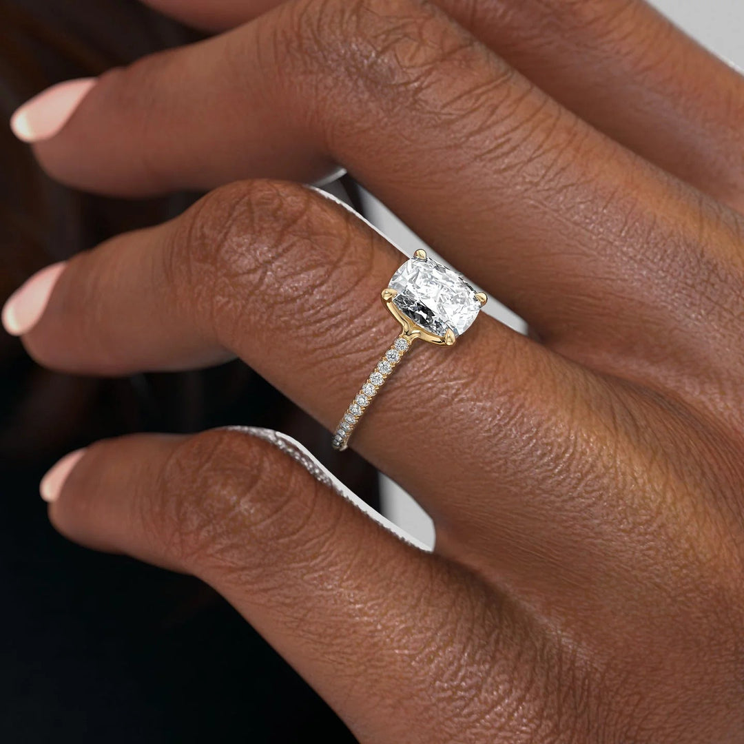 1 CT Elongated Cushion Cut Pave Engagement Ring - Moissanite Diamond