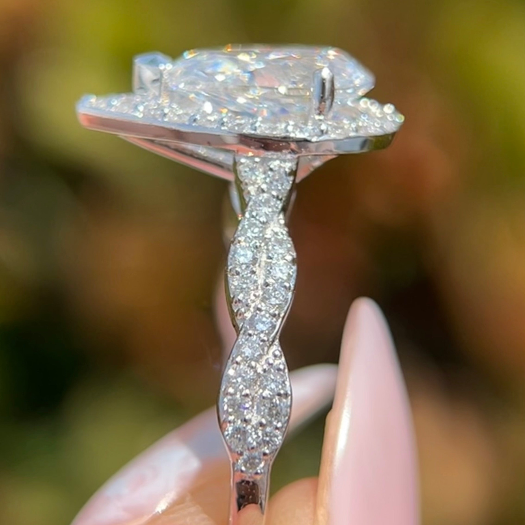 3 CT Pear Cut Pave Halo Engagement Ring - Moissanite Diamond