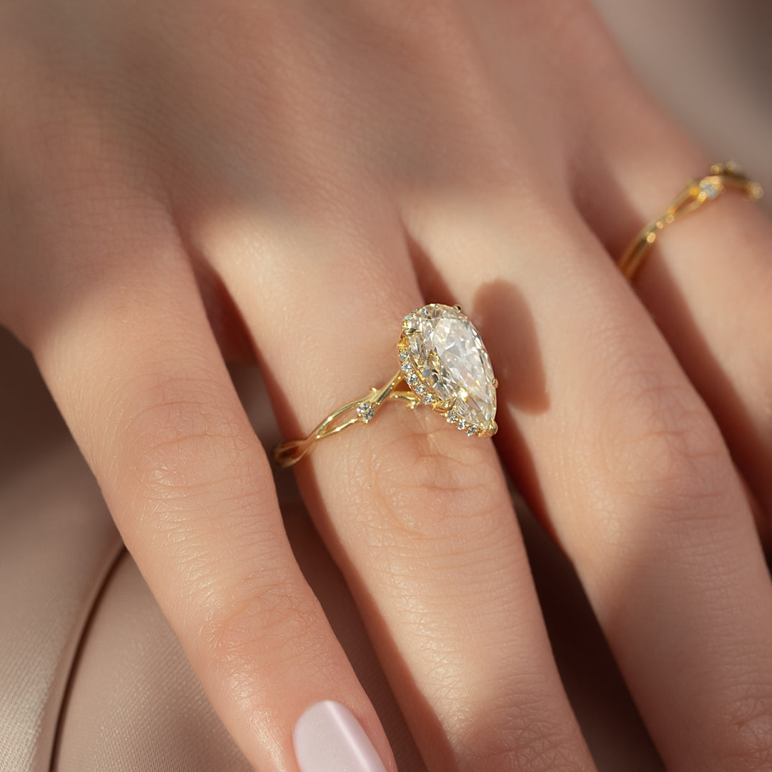 2 CT Pear Cut Halo Nature Inspired Engagement Ring - Moissanite Diamond