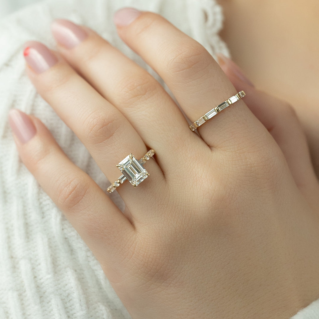 1 CT  Emerald Cut Pave Engagement Ring - Moissanite Diamond