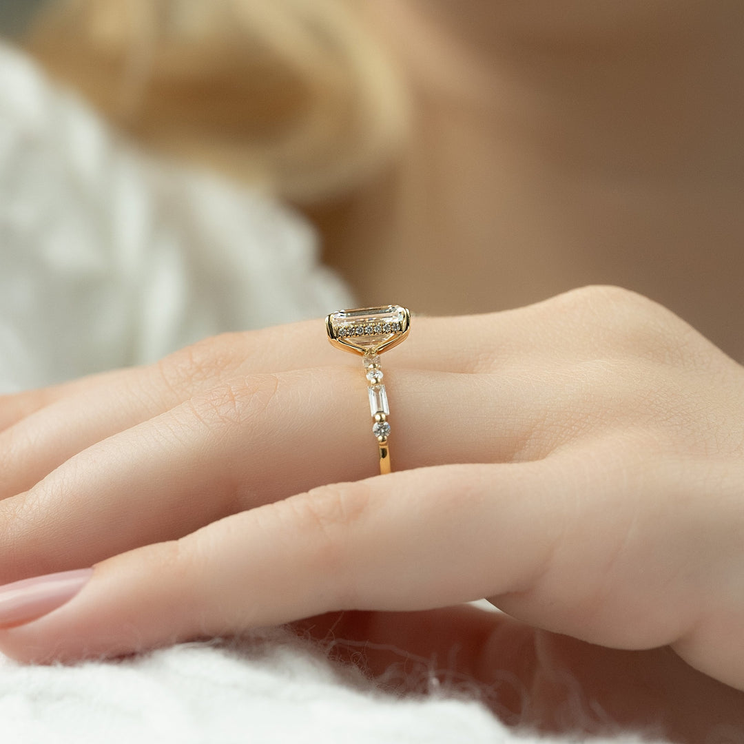 1 CT  Emerald Cut Pave Engagement Ring - Moissanite Diamond