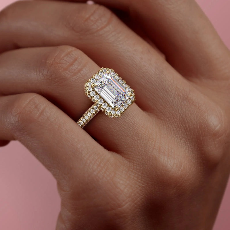 1 CT Emerald Cut Halo Pave Engagement Ring - Moissanite Diamond