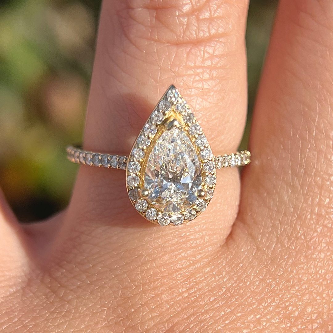 2 CT Pear Cut Halo Pave Engagement Ring - Lab Grown Diamond