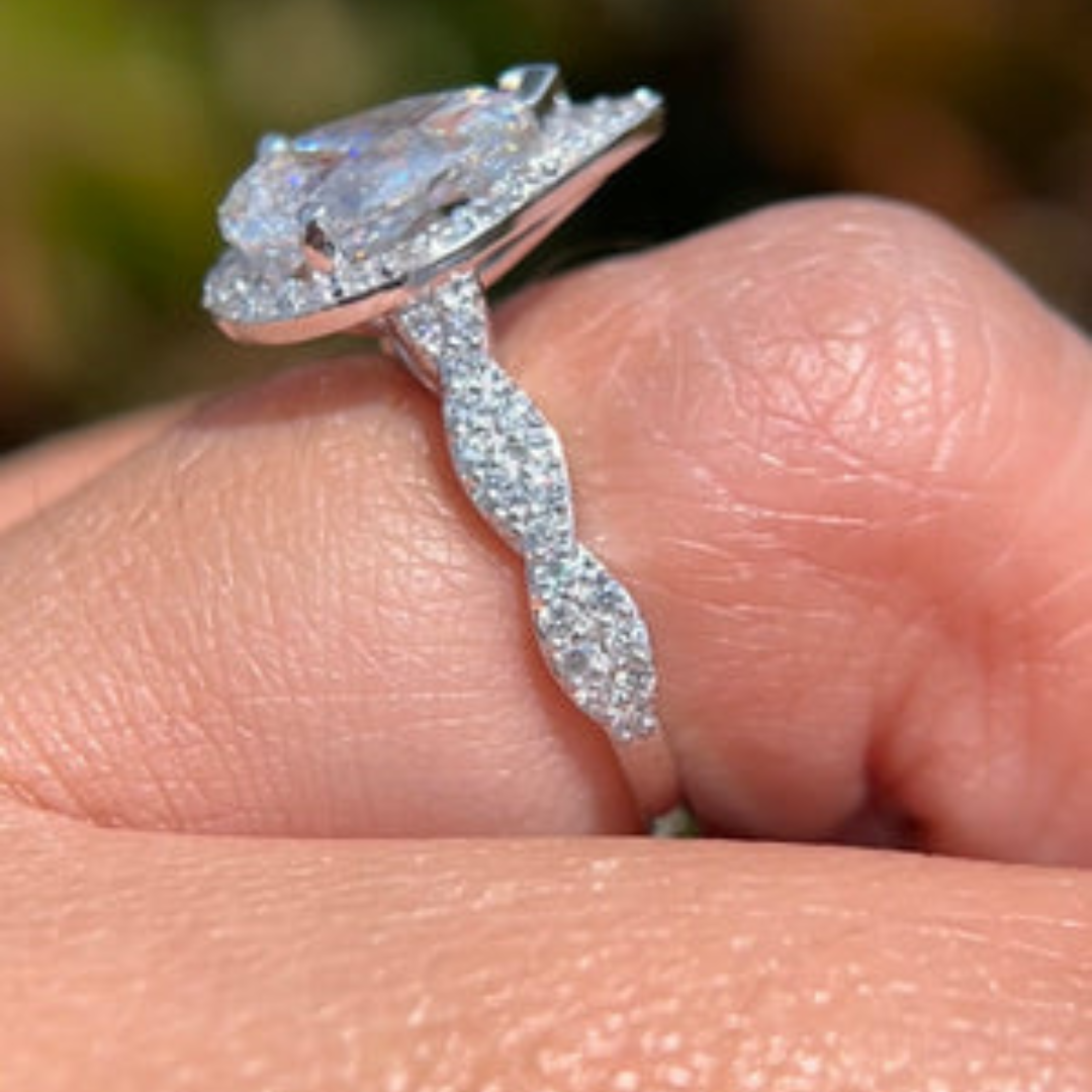 3 CT Pear Cut Pave Halo Engagement Ring - Moissanite Diamond