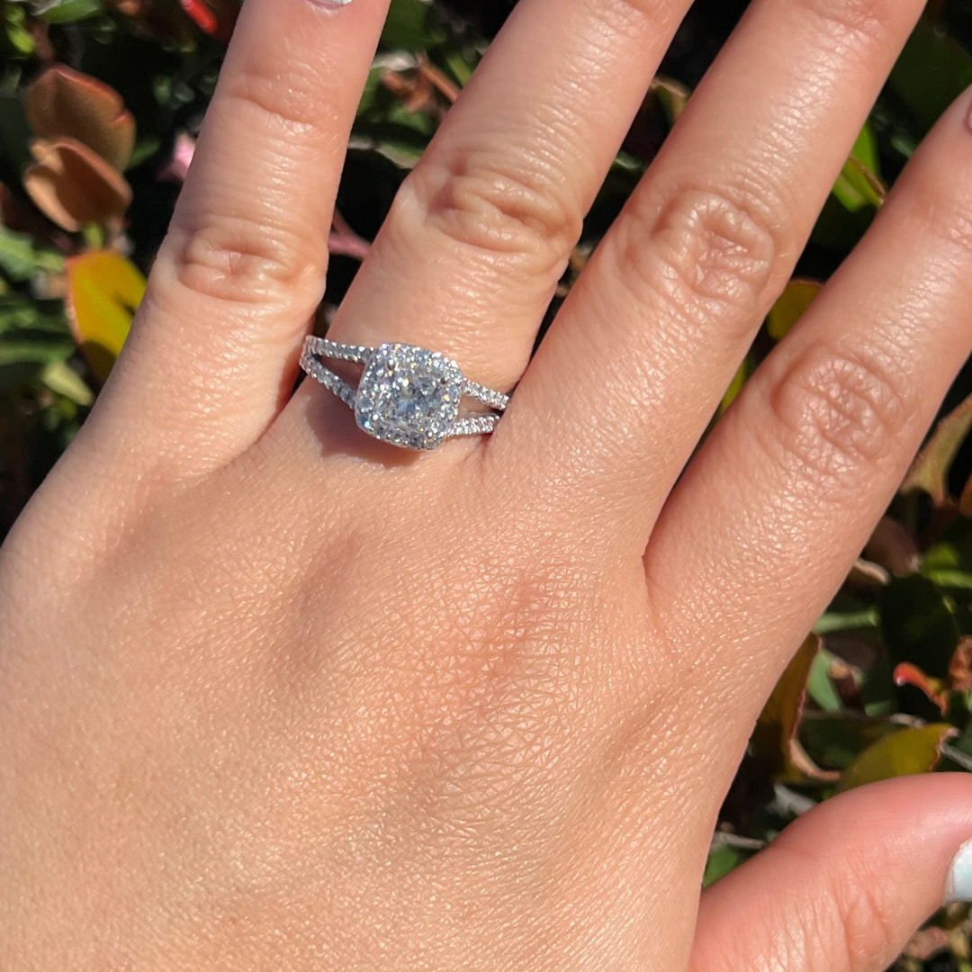 1 CT Cushion Cut Halo Split Shank Engagement Ring - Lab Grown Diamond