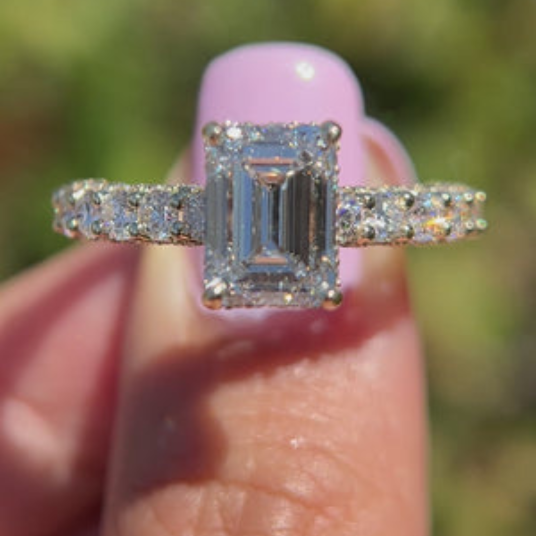 1 CT Emerald Cut Pave Engagement Ring - Moissanite Diamond