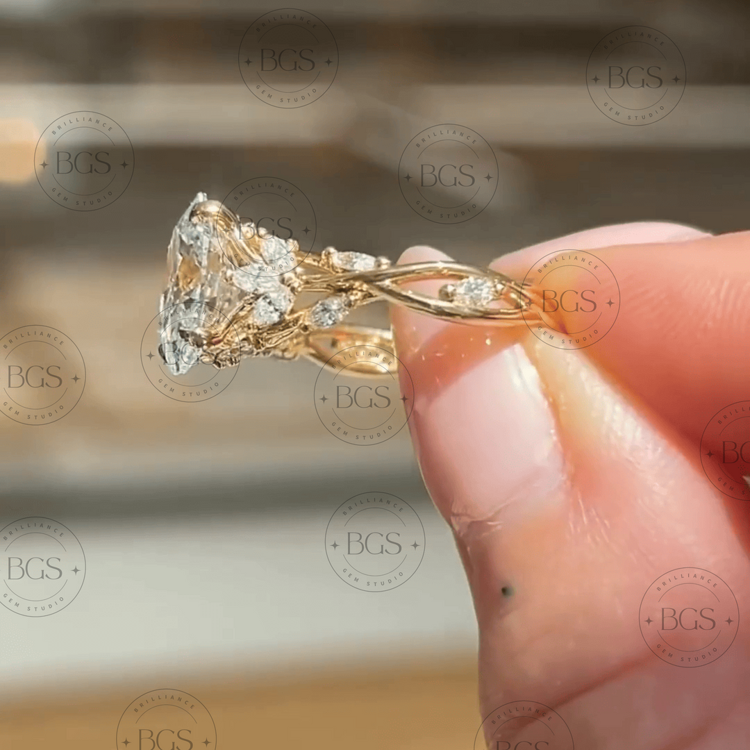 Close-up view of a 3 ct oval lab created diamond set in a delicate floral design ring
