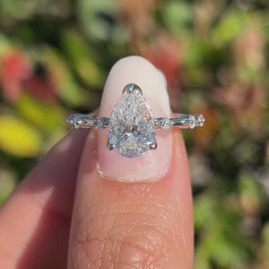 1 CT Pear Cut Petite Pave Engagement Ring - Lab Grown Diamond