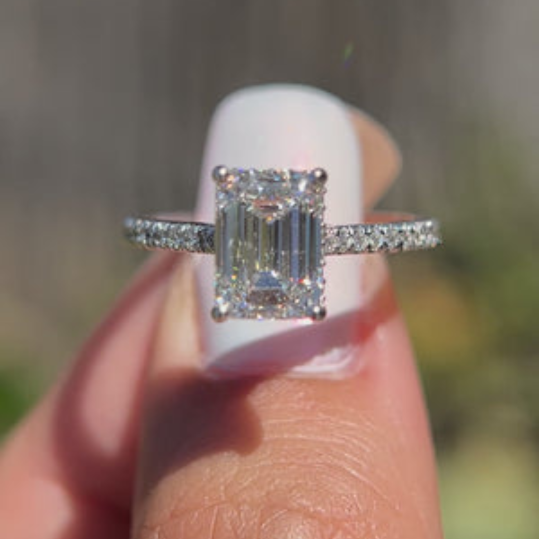 1 CT Emerald Cut Pave Engagement Ring - Moissanite Diamond