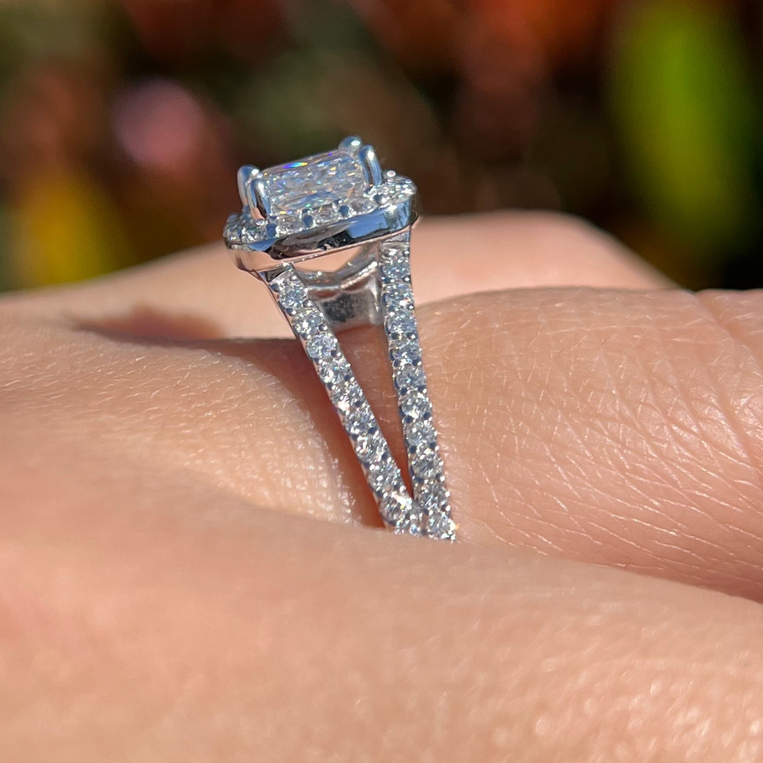 1 CT Cushion Cut Halo Split Shank Engagement Ring - Lab Grown Diamond