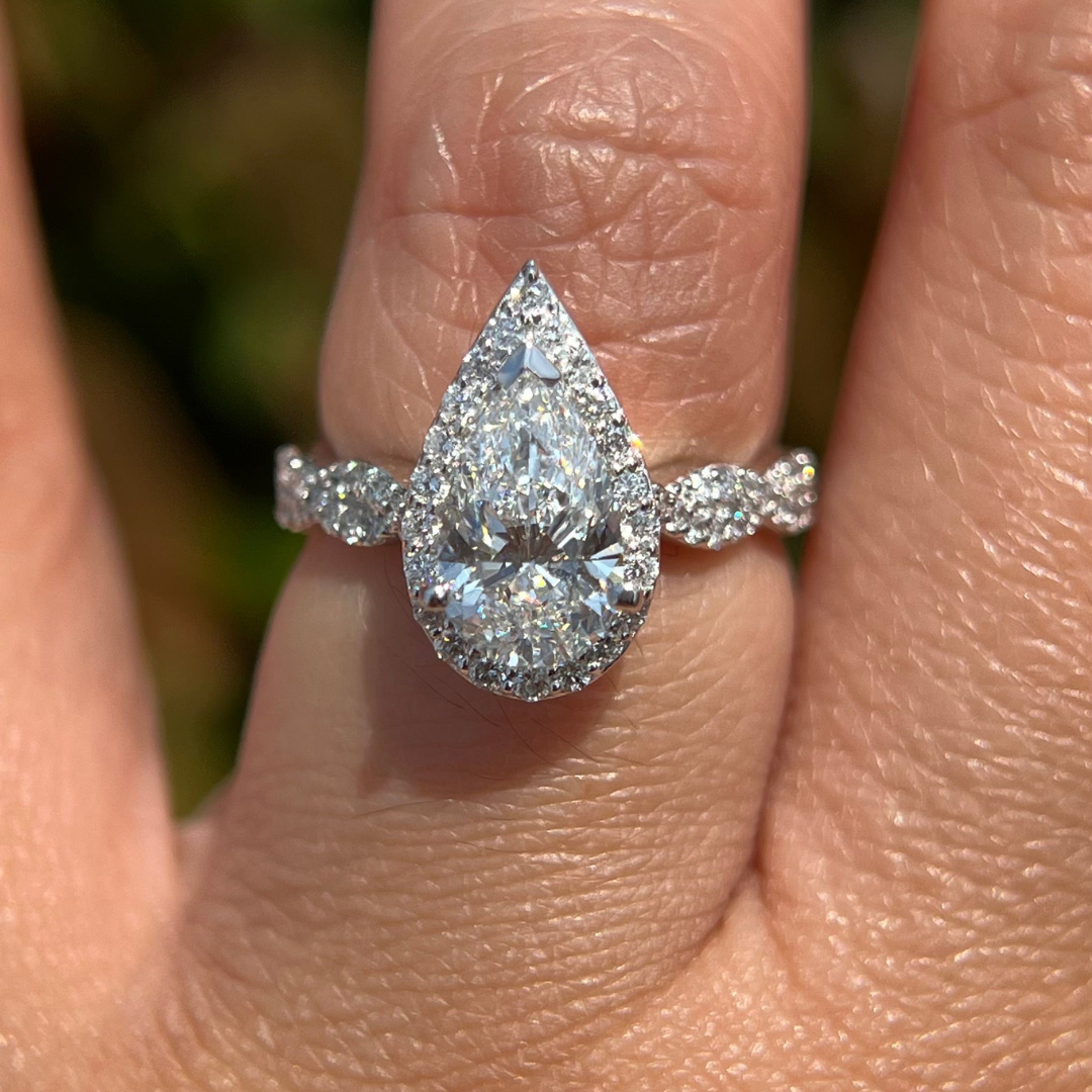 3 CT Pear Cut Pave Halo Engagement Ring - Moissanite Diamond