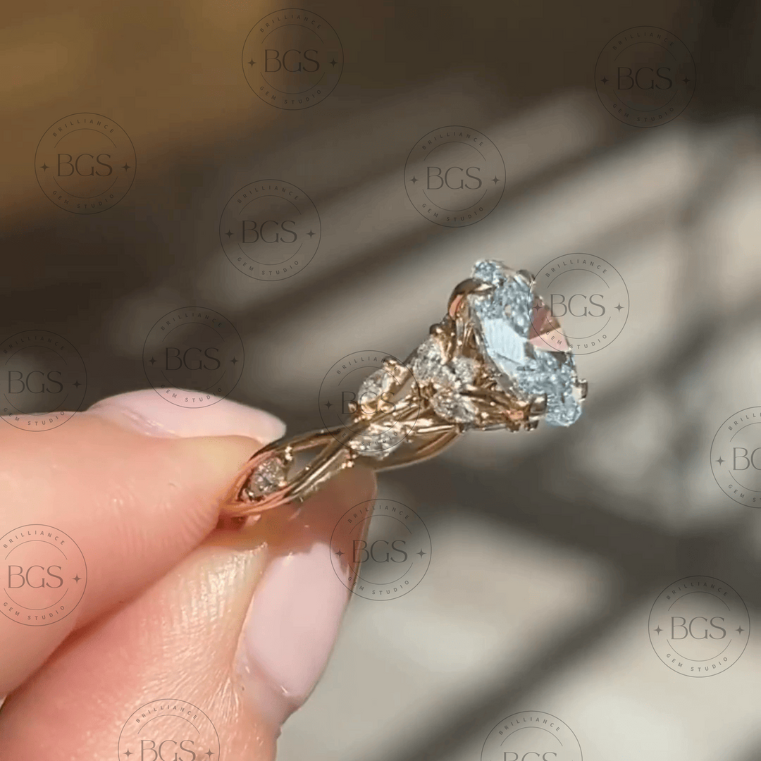 Side view of a 3ct oval lab diamond engagement ring showing botanical flower setting details