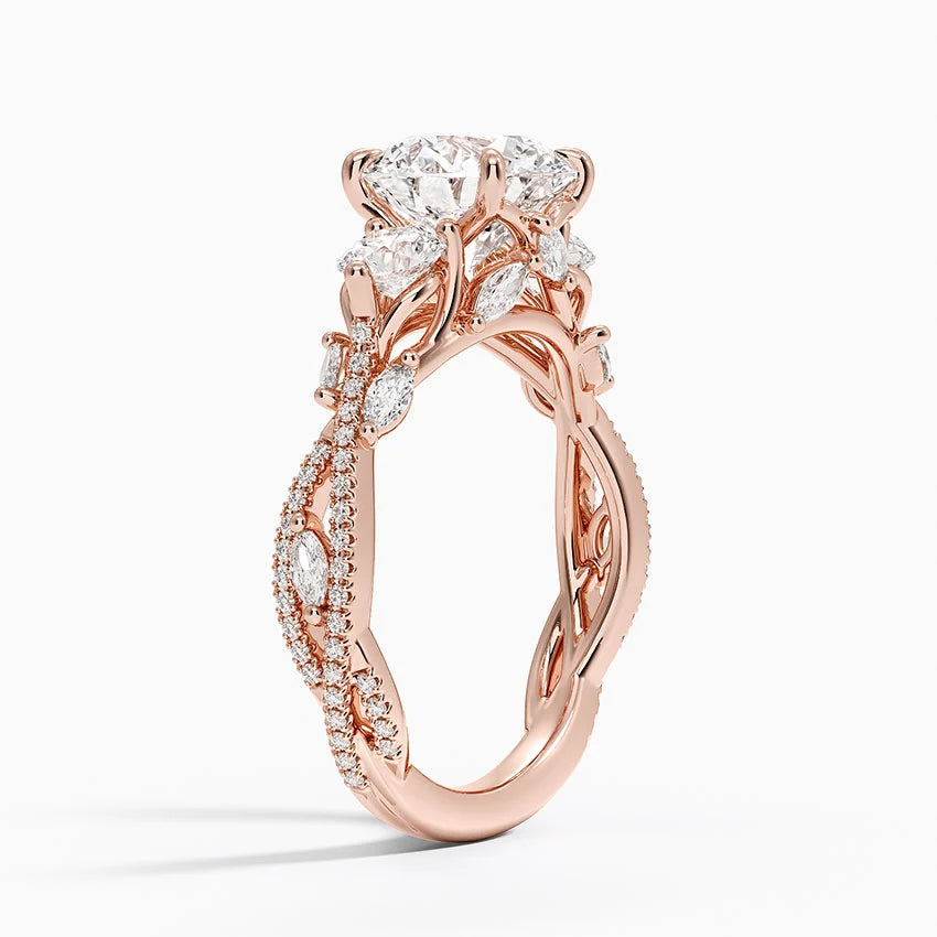 2 CT Round Cut Moissanite Diamond Three Stone Nature Inspired Engagement Ring