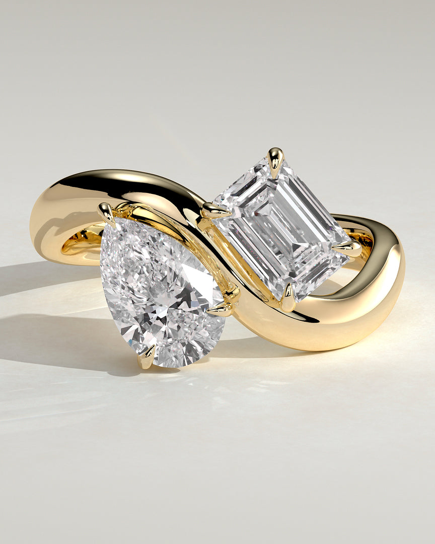2 CT Pear and Emerald Cut Curved Toi et Moi Engagement Ring - Moissanite Diamond