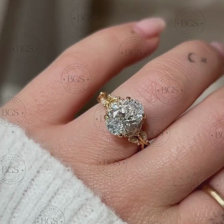 3 carat oval cut lab grown diamond engagement ring with a nature inspired floral basket setting